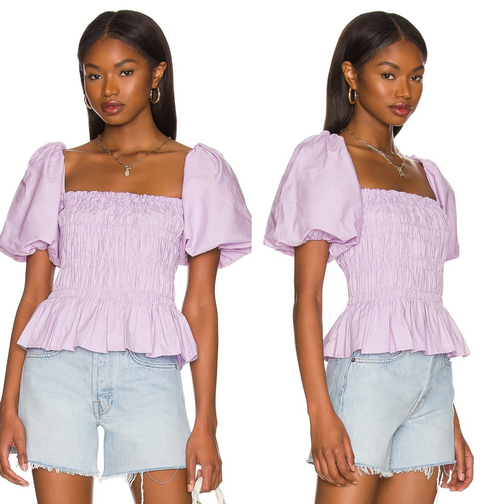 ASTR the Label Womens Savina Top Size XL Lavender Smocked Puff Sleeve Ruffle Hem